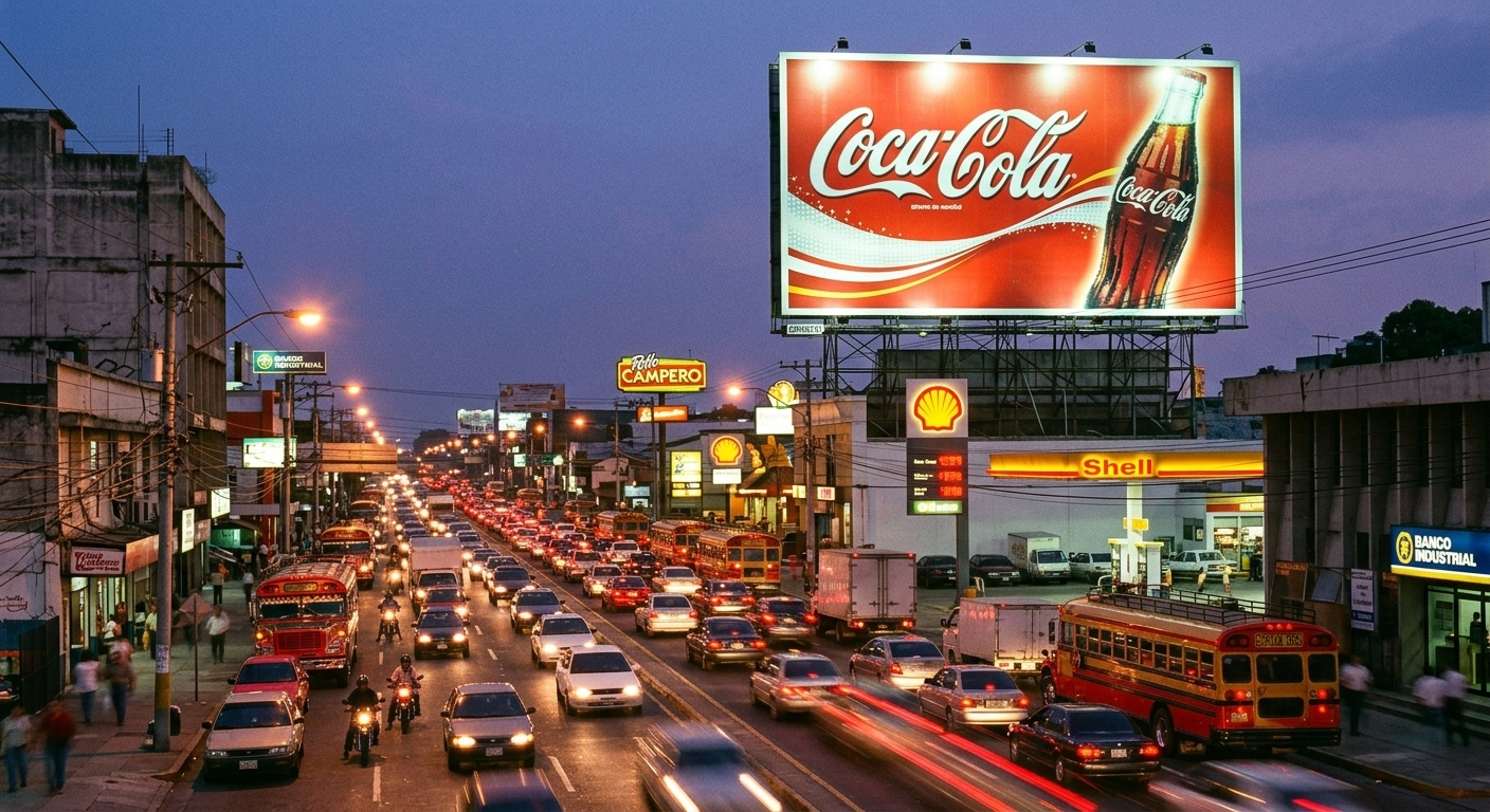 Billboard Coca-Cola retroiluminado, Calzada Roosevelt, Guatemala 2000
