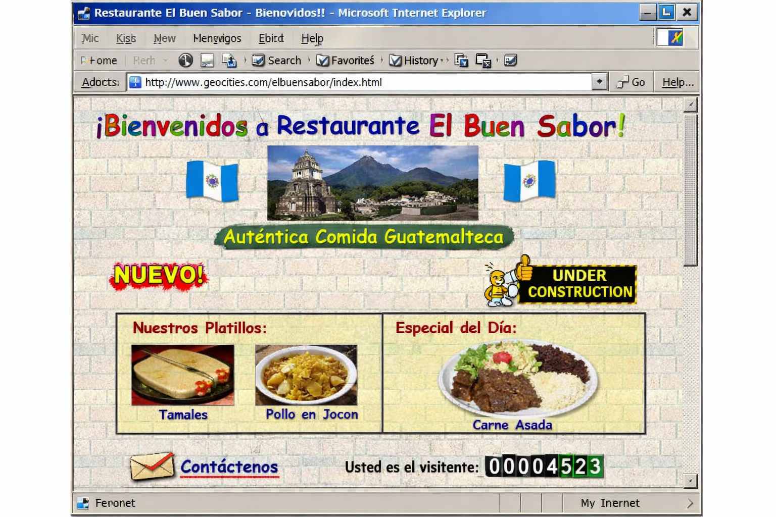 Sitio web Geocities de restaurante guatemalteco, años 2000