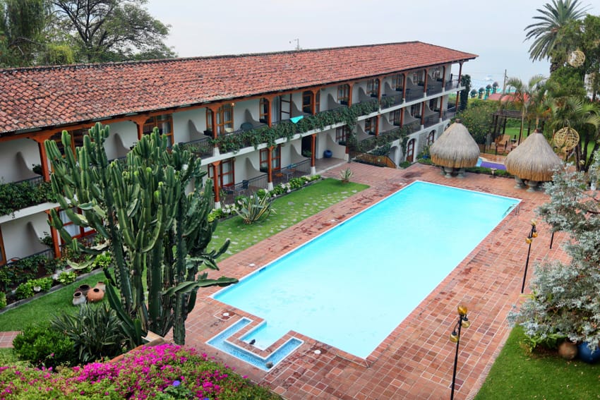 Vista aérea de la piscina con palapas y cactus
