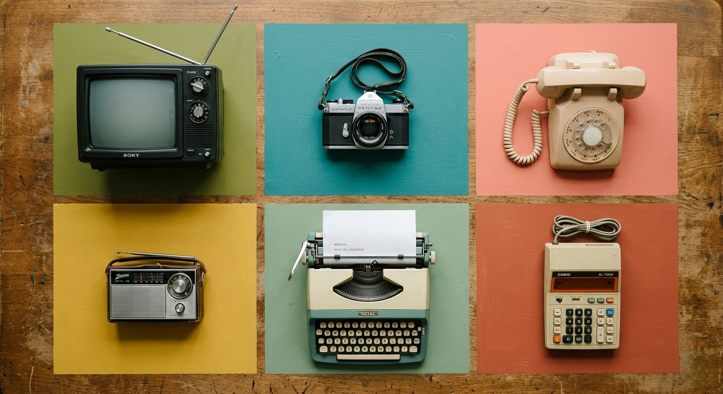 Objetos vintage años 60-70: TV Sony, cámara Pentax, teléfono, radio, máquina de escribir