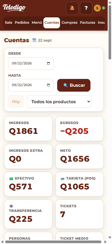 Cuentas: ingresos, egresos, neto y desglose por forma de pago