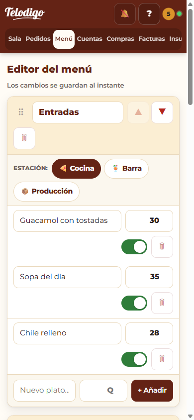 Menú con categorías, platos, precios e interruptor de activo