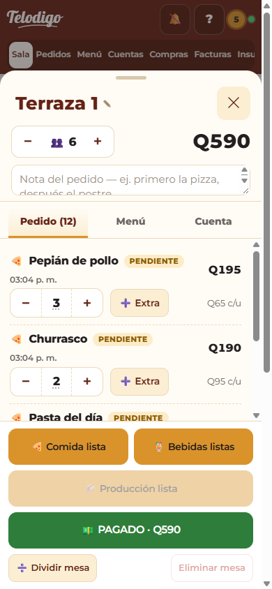 Panel de una mesa con el pedido y los botones Comida lista, Bebidas listas y Pagado