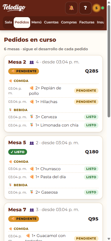 Pantalla Pedidos de Telodigo: mesas abiertas con los renglones agrupados por cocina y barra