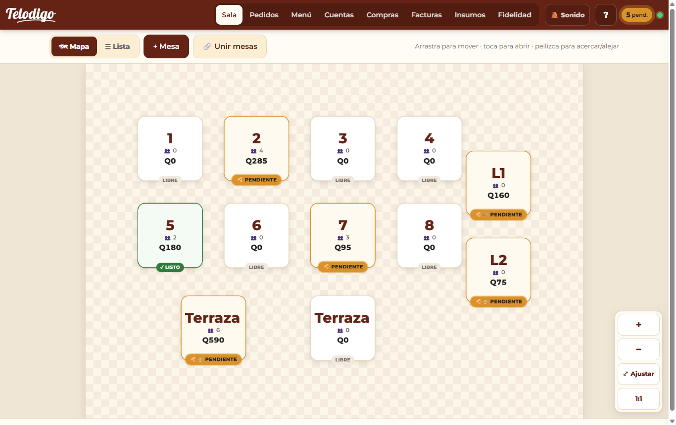 Telodigo en una computadora: el plano del salón con las mesas y su estado