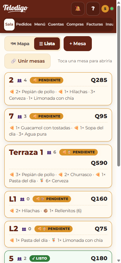 Salón en vista de lista: mesas ordenadas por urgencia con estado y total